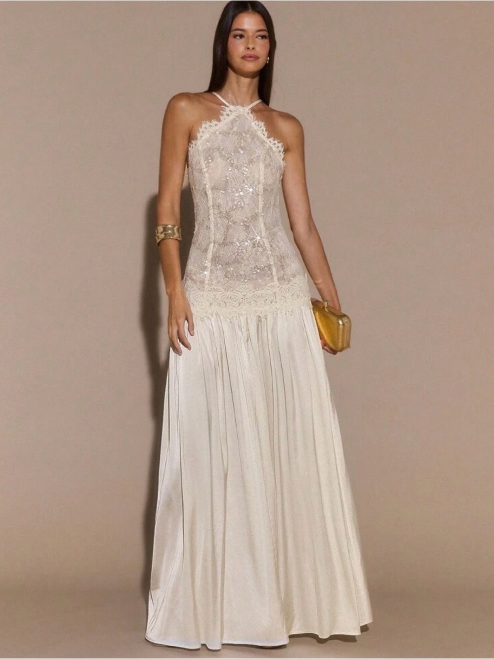 SHEIN Ivory Lace Halter Maxi Gown with Sequin Embellishment